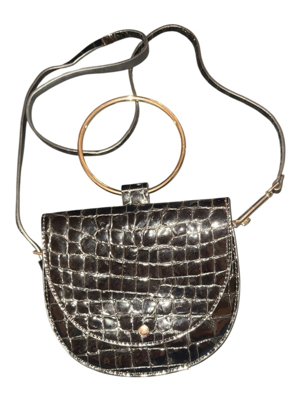 Theory Whitney Black Leather Crossbody Gold Hoop - Rare Crocodile Effect - Picture 5 of 12